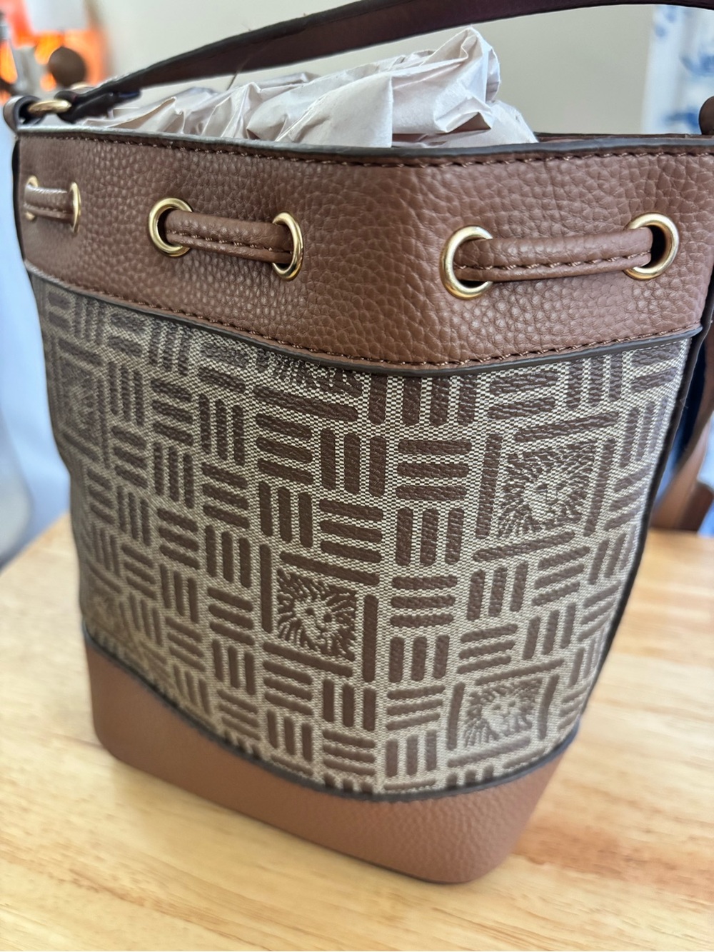 Brown Patterned Drawstring Bucket Bag - Picture 3 of 3